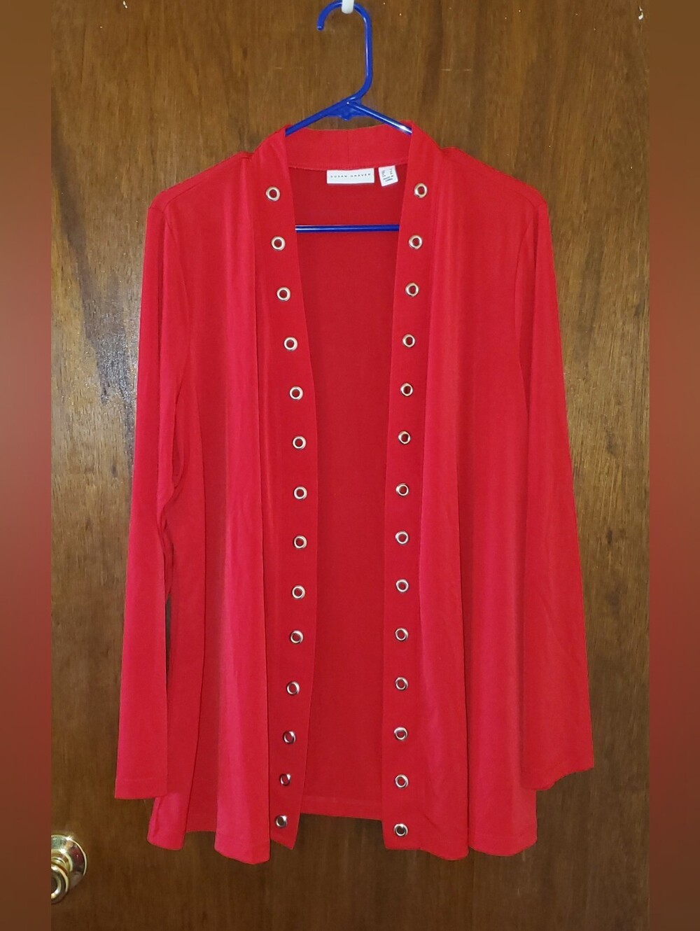 NWOT Susan Graver Liquid Knit Red Open-Front Cardigan W/Grommet Trim Sz Large